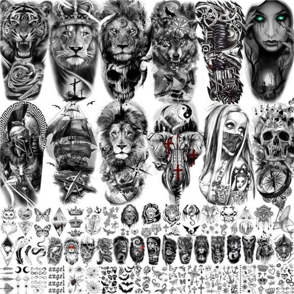 63 Sheets Tribal Wolf Lion Tiger Temporary Tattoos For Men Women Adults, Scary - Picture 1 of 7